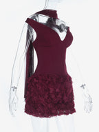 3D Rose Petal Hem Burgundy Women Mini Dress - Romantic Bodycon Dress With Scarf - Coquette Aesthetic Summer Party Outfit 2026
