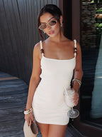 Beaded Strap Women's Mini Dress - Minimalist White Cami Bodycon - Coastal Grandmother Summer Vacation Beach Dress 2026