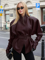 Burgundy Faux Leather Women's Belted Jacket - High Neck Cinch Waist Peplum - Mob Wife Spring Chic Streetwear 2026