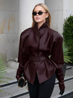 Burgundy Faux Leather Women's Belted Jacket - High Neck Cinch Waist Peplum - Mob Wife Spring Chic Streetwear 2026