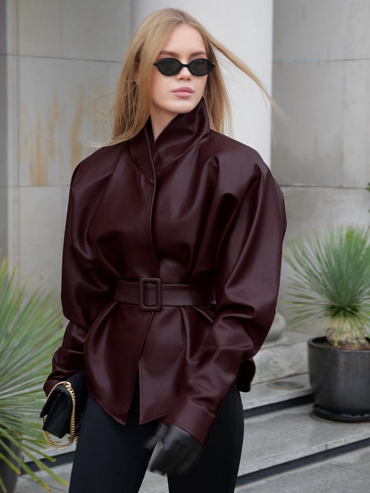 Burgundy Faux Leather Women's Belted Jacket - High Neck Cinch Waist Peplum - Mob Wife Spring Chic Streetwear 2026
