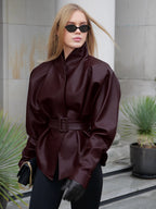 Burgundy Faux Leather Women's Belted Jacket - High Neck Cinch Waist Peplum - Mob Wife Spring Chic Streetwear 2026