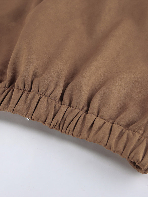 Camel Faux Suede Women's Bomber Jacket - Retro Zip Up Elastic Hem Relaxed Fit - Spring Daily Casual Streetwear 2026