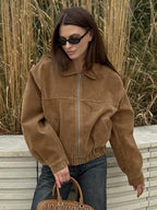 Camel Faux Suede Women's Bomber Jacket - Retro Zip Up Elastic Hem Relaxed Fit - Spring Daily Casual Streetwear 2026