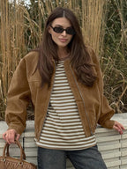 Camel Faux Suede Women's Bomber Jacket - Retro Zip Up Elastic Hem Relaxed Fit - Spring Daily Casual Streetwear 2026