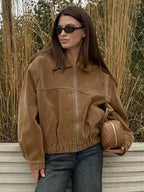 Camel Faux Suede Women's Bomber Jacket - Retro Zip Up Elastic Hem Relaxed Fit - Spring Daily Casual Streetwear 2026