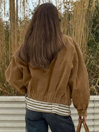 Camel Faux Suede Women's Bomber Jacket - Retro Zip Up Elastic Hem Relaxed Fit - Spring Daily Casual Streetwear 2026