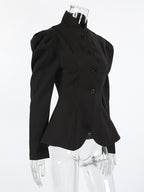 Vintage Peplum Blazer For Women - Puff Sleeve Stand Collar Slim Fit Jacket - Chic Spring Party Outerwear 2026
