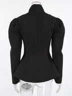 Vintage Peplum Blazer For Women - Puff Sleeve Stand Collar Slim Fit Jacket - Chic Spring Party Outerwear 2026