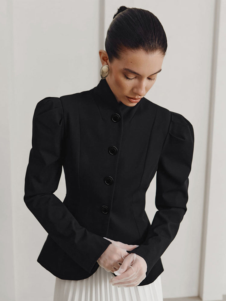Vintage Peplum Blazer For Women - Puff Sleeve Stand Collar Slim Fit Jacket - Chic Spring Party Outerwear 2026