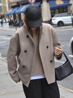 Double Breasted Women's Short Coat - Minimalist Stand Collar Boxy Outerwear - Old Money Aesthetic Spring Streetwear 2026