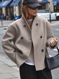 Double Breasted Women's Short Coat - Minimalist Stand Collar Boxy Outerwear - Old Money Aesthetic Spring Streetwear 2026