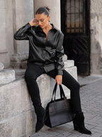Faux Leather Shirt Women's Button Down Shacket - Minimalist Collared Long Sleeve Top - Oversized Streetwear Spring Outfits 2026