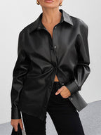 Faux Leather Shirt Women's Button Down Shacket - Minimalist Collared Long Sleeve Top - Oversized Streetwear Spring Outfits 2026