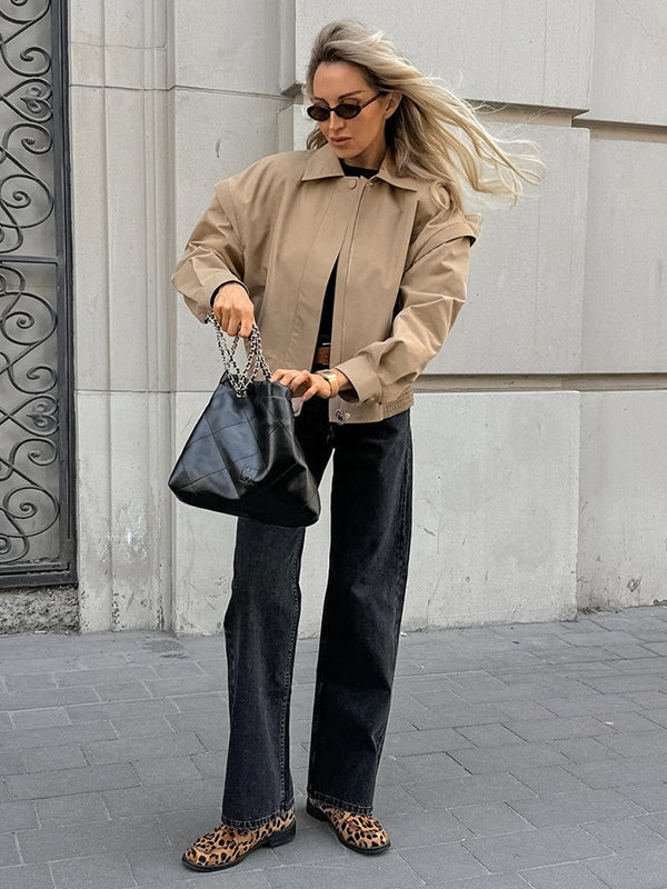 Khaki Lightweight Women's Bomber Jacket - Minimalist Collared Zip-Up Outerwear - Quiet Luxury Spring Casual Streetwear 2026