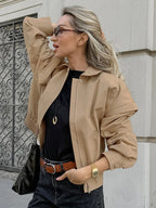 Khaki Lightweight Women's Bomber Jacket - Minimalist Collared Zip-Up Outerwear - Quiet Luxury Spring Casual Streetwear 2026
