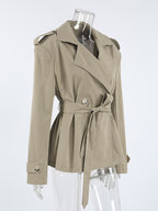 Khaki Belted Waist Women's Short Trench Coat - Chic Double Breasted Jacket - Old Money Spring Outfits 2026