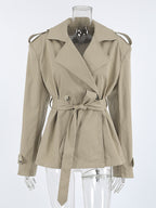Khaki Belted Waist Women's Short Trench Coat - Chic Double Breasted Jacket - Old Money Spring Outfits 2026