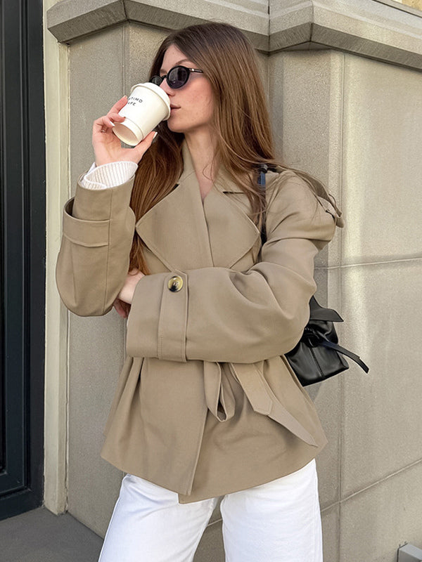 Khaki Belted Waist Women's Short Trench Coat - Chic Double Breasted Jacket - Old Money Spring Outfits 2026