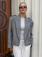 Oatmeal Wide Lapel Women's Short Blazer - Padded Shoulder Boxy Fit Jacket - Chic Spring Street Outfits 2026
