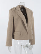 Oatmeal Wide Lapel Women's Short Blazer - Padded Shoulder Boxy Fit Jacket - Chic Spring Street Outfits 2026