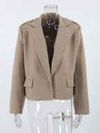 Oatmeal Wide Lapel Women's Short Blazer - Padded Shoulder Boxy Fit Jacket - Chic Spring Street Outfits 2026