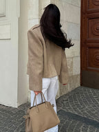 Oatmeal Wide Lapel Women's Short Blazer - Padded Shoulder Boxy Fit Jacket - Chic Spring Street Outfits 2026