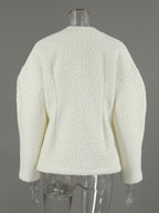 White Boucle Women's Short Jacket - Elegant V Neck Puff Sleeve Slim Fit Outerwear - French Chic Spring Outfits 2026