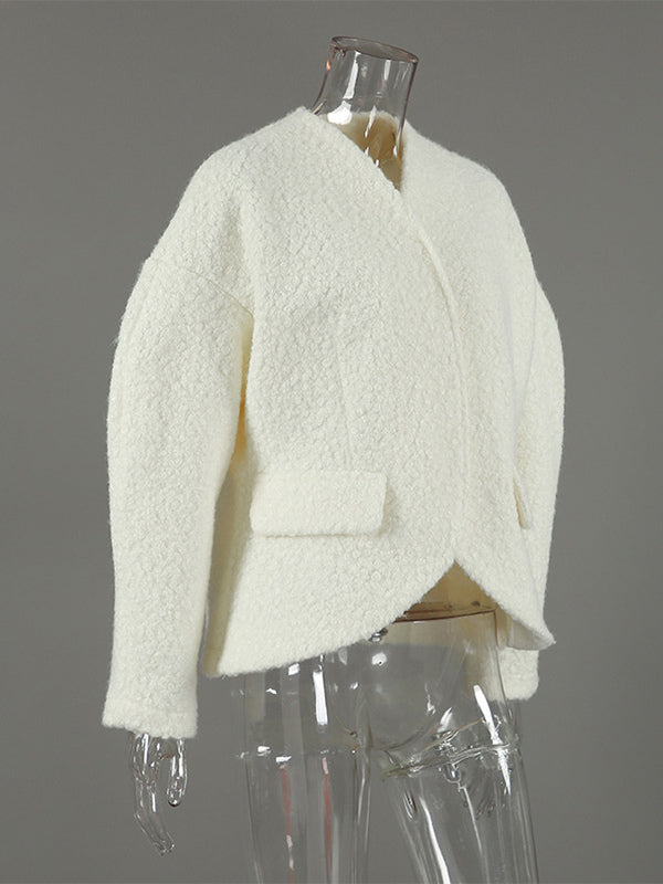 White Boucle Women's Short Jacket - Elegant V Neck Puff Sleeve Slim Fit Outerwear - French Chic Spring Outfits 2026