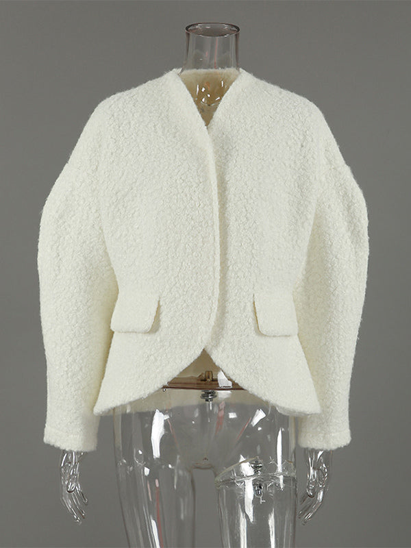 White Boucle Women's Short Jacket - Elegant V Neck Puff Sleeve Slim Fit Outerwear - French Chic Spring Outfits 2026