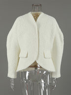 White Boucle Women's Short Jacket - Elegant V Neck Puff Sleeve Slim Fit Outerwear - French Chic Spring Outfits 2026