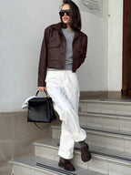 Brown Faux Leather Women's Cropped Jacket - Retro Lapel Button Up Boxy Fit Top - Street Casual Spring Outfits 2026