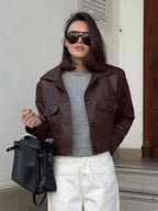 Brown Faux Leather Women's Cropped Jacket - Retro Lapel Button Up Boxy Fit Top - Street Casual Spring Outfits 2026