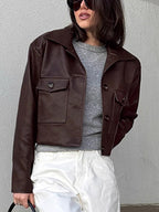 Brown Faux Leather Women's Cropped Jacket - Retro Lapel Button Up Boxy Fit Top - Street Casual Spring Outfits 2026
