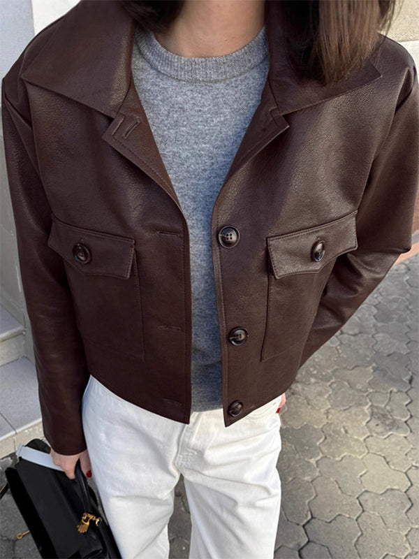 Brown Faux Leather Women's Cropped Jacket - Retro Lapel Button Up Boxy Fit Top - Street Casual Spring Outfits 2026
