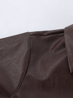 Brown Faux Leather Women's Cropped Jacket - Retro Lapel Button Up Boxy Fit Top - Street Casual Spring Outfits 2026