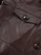 Brown Faux Leather Women's Cropped Jacket - Retro Lapel Button Up Boxy Fit Top - Street Casual Spring Outfits 2026