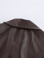 Brown Faux Leather Women's Cropped Jacket - Retro Lapel Button Up Boxy Fit Top - Street Casual Spring Outfits 2026