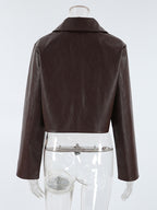 Brown Faux Leather Women's Cropped Jacket - Retro Lapel Button Up Boxy Fit Top - Street Casual Spring Outfits 2026