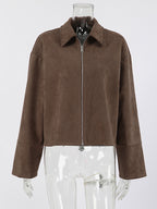 Mocha Suede Women's Cropped Jacket - Minimalist Zip Up Polo Collar Boxy Fit - Street Casual Spring Daily Outfits 2026