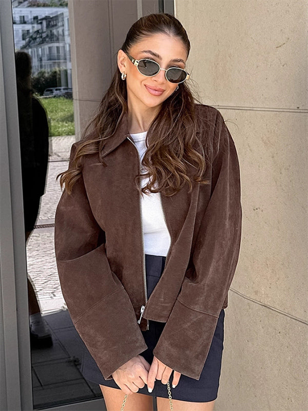 Mocha Suede Women's Cropped Jacket - Minimalist Zip Up Polo Collar Boxy Fit - Street Casual Spring Daily Outfits 2026