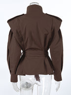Belted Trench Jacket For Women - Chic High Neck Epaulette Design Slim Fit Peplum - Quiet Luxury Spring Streetwear 2026