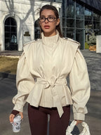 Belted Trench Jacket For Women - Chic High Neck Epaulette Design Slim Fit Peplum - Quiet Luxury Spring Streetwear 2026