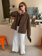 Brown Faux Suede Women's Shacket - Minimalist Turn-down Collar Button Up Jacket With Pocket - Spring Casual Streetwear 2026