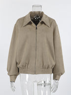 Faux Suede Women's Bomber - Retro Zip Up Elastic Hem Relaxed Fit - Spring Casual Daily Wear 2026