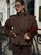 Belted Trench Jacket For Women - Chic High Neck Epaulette Design Slim Fit Peplum - Quiet Luxury Spring Streetwear 2026