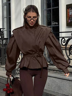 Belted Trench Jacket For Women - Chic High Neck Epaulette Design Slim Fit Peplum - Quiet Luxury Spring Streetwear 2026