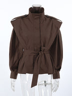 Belted Trench Jacket For Women - Chic High Neck Epaulette Design Slim Fit Peplum - Quiet Luxury Spring Streetwear 2026