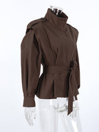 Belted Trench Jacket For Women - Chic High Neck Epaulette Design Slim Fit Peplum - Quiet Luxury Spring Streetwear 2026