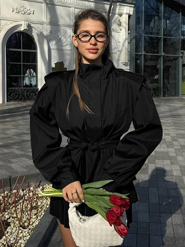 Belted Trench Jacket For Women - Chic High Neck Epaulette Design Slim Fit Peplum - Quiet Luxury Spring Streetwear 2026